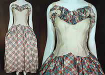 Vintage White Cotton Pastel Plaid Print Ruffle Flounce Bow Trim Maxi Dress
