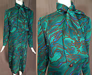 Vintage Pauline Trigere Green Abstract Stained Glass Floral Print Neck Scarf Dress
