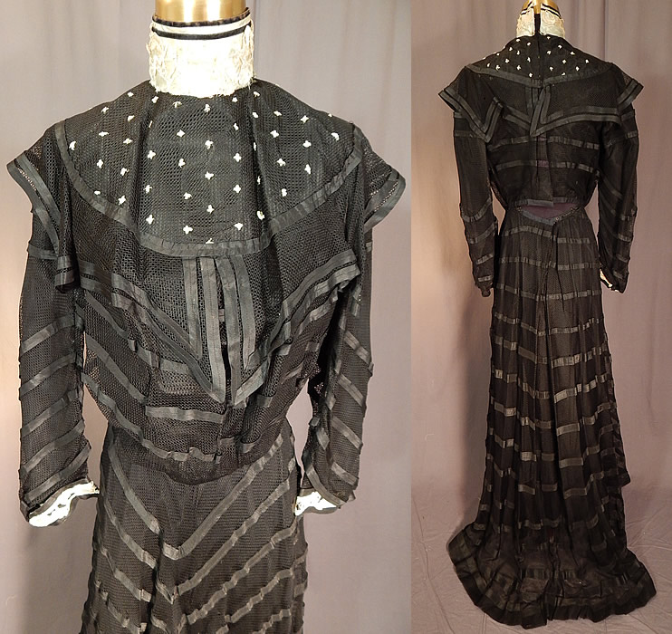Victorian Black Mesh Net Silk Ribbon Stripe Gown Bodice Skirt Train Dress
There is a matching fabric striped skirt, with slight train back, hook closures on the back waist and is fully lined with a black cotton petticoat sewn inside. 