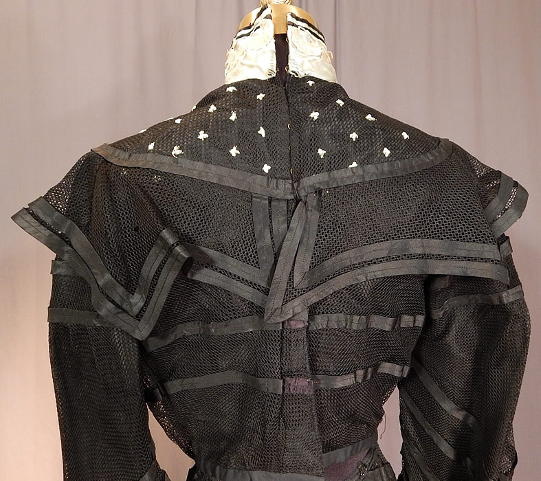 Victorian Black Mesh Net Silk Ribbon Stripe Gown Bodice Skirt Train Dress
This is truly a wonderful piece of antique Victoriana wearable art!