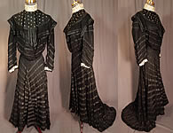 Victorian Black Mesh Net Silk Ribbon Stripe Gown Bodice Skirt Train Dress
