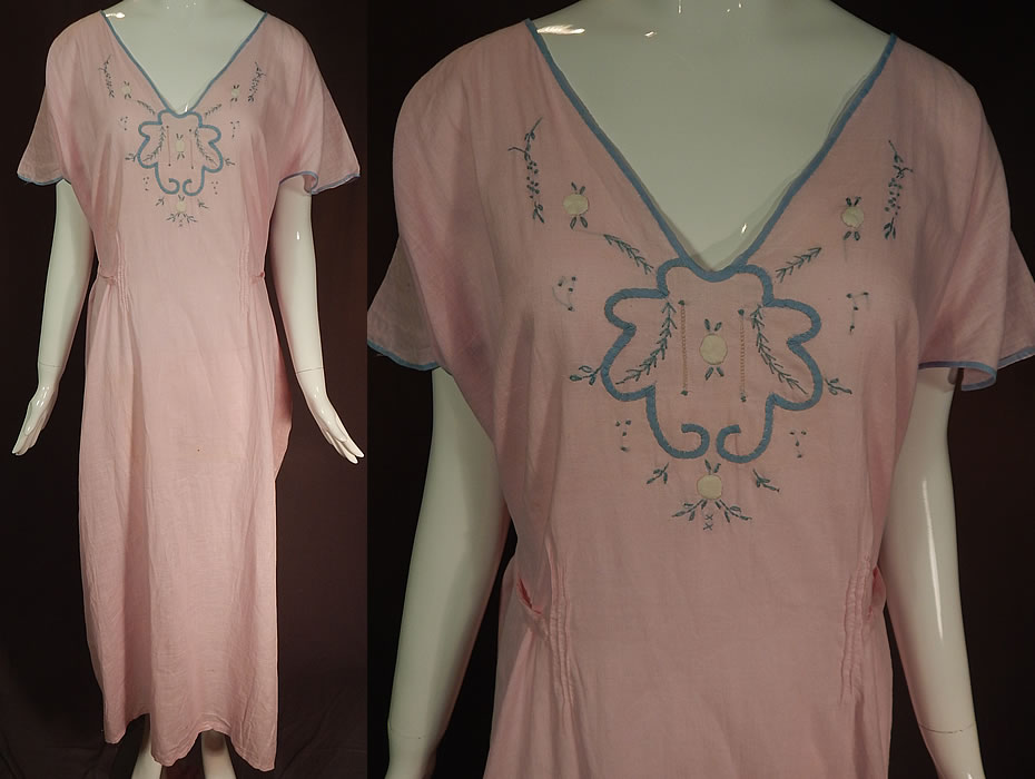 Vintage Peer Nities Hand Made Porto Rico Pink Linen Embroidered Nightgown NWT
This vintage Peer Nities hand made Porto Rico pink linen embroidered nightgown dates from the 1920s. It is hand made of a pink linen fabric, with blue, white cotton appliqué embroidery work and drawn cutwork done in a floral medallion pattern design.
