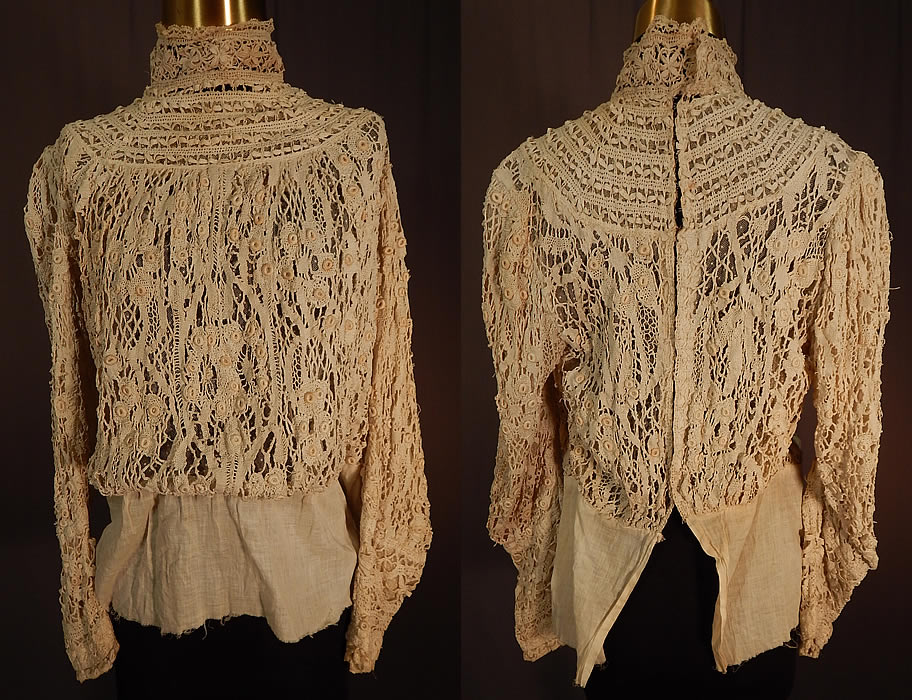 Edwardian Antique Cream Cluny Bobbin Lace Peplum Blouse Shirt Top
This antique Edwardian era cream cluny bobbin lace peplum blouse shirt top dates from 1905. It is made of an off white cream color cotton linen sturdy strong hand made cluny bobbin lace with a geometric, pointed wheatears, wheel pattern design and connecting braided meshwork brides.
