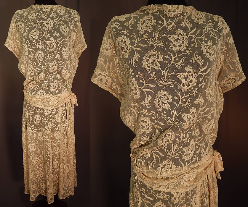 Vintage Cream Tulle Net Tambour Embroidery Floral Lace Belted Dress
This vintage cream tulle net tambour embroidery floral lace belted dress dates from the 1930s. It is made of an off white cream color sheer tulle net fabric with tambour chain stitch and raised padded satin stitch embroidery work lace done in a floral vine leaf pattern design.