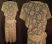 Vintage Cream Tulle Net Tambour Embroidery Floral Lace Belted Dress
