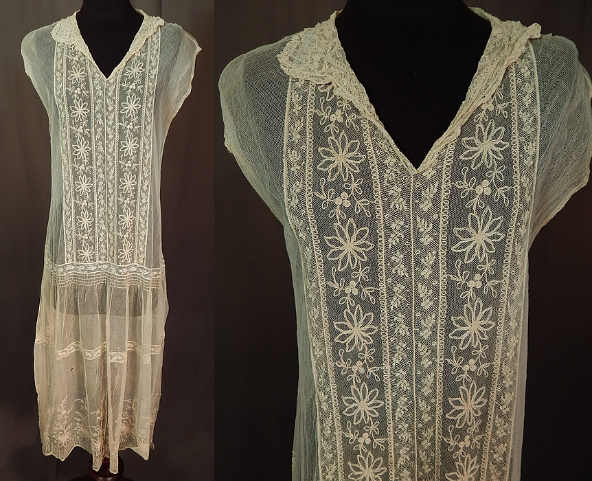 Vintage Cream Tambour Embroidery Lace Net Drop Waist Chemise Shift Dress
This vintage cream tambour embroidery lace net drop waist chemise shift dress dates from the 1920s. It is made of an off white cream color sheer tulle net fabric, with tambour embroidery work done in a floral vine leaf design and lace trim inserts. 