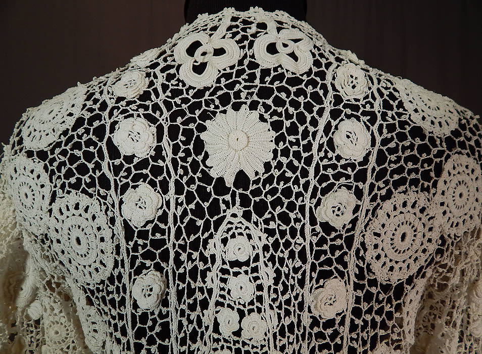 Victorian Antique White Irish Crochet Lace Long Coat Mutton Sleeve Jacket
The coat measures 34 inches long, with a 34 inch bust, 34 inch waist, 12 inch back and 25 inch long sleeves.