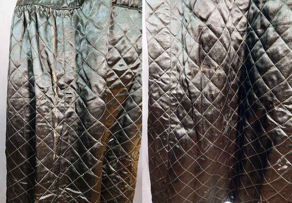 Victorian Antique Black Silk Quilted Wool Winter Petticoat Skirt
The skirt measures 38 inches long, with a 28 inch waist and 56 inch hips. It is in good as-is condition, with a one loose button which needs to be resewn and a few frayed splits in the silk fabric along the side (see close-ups). This is truly a wonderful piece of antique Victoriana wearable art! 