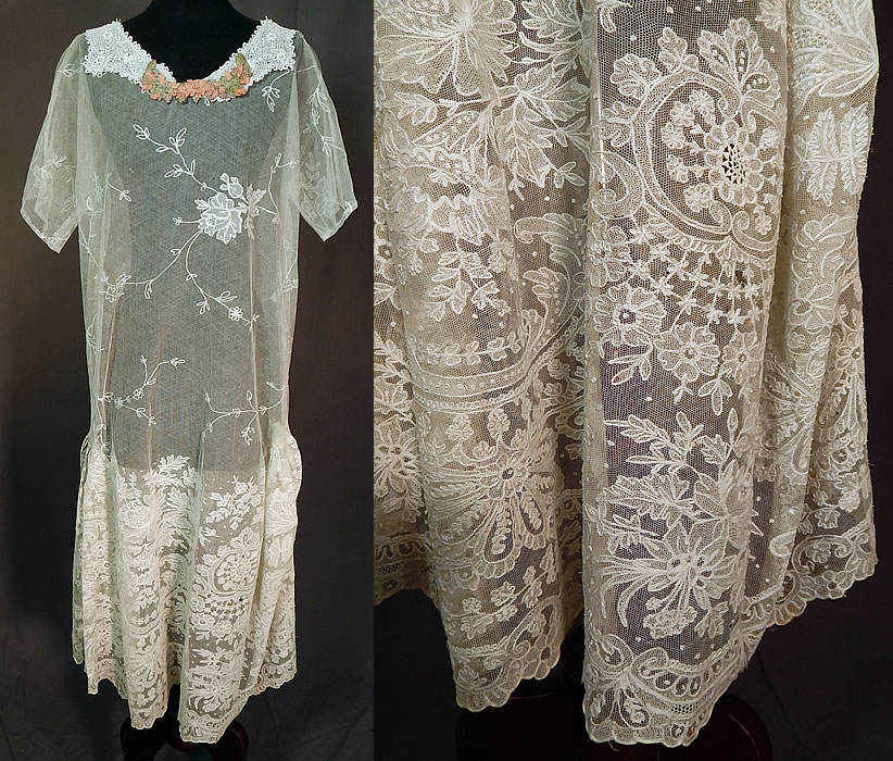 Vintage White Net Tambour Embroidery Lace Collar Rosette Trim Drop Waist Dress
This vintage white net tambour embroidery lace collar rosette trim drop waist dress dates from the 1920s. It is made of a patchwork variety of antique lace fabrics and trims, with a white sheer net lace fabric of fine tambour stitch embroidery work done in floral vine leaf pattern designs, an Irish crochet lace scalloped collar and pink pastel silk rosette ribbon work large flower appliqué.