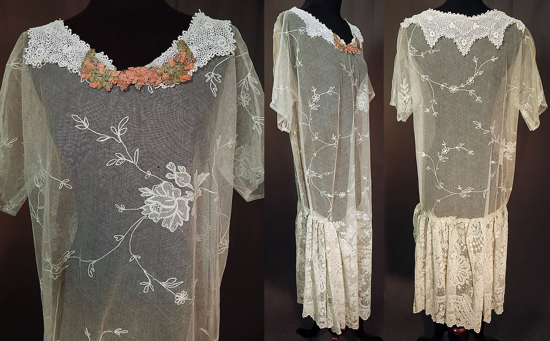 Vintage White Net Tambour Embroidery Lace Collar Rosette Trim Drop Waist Dress
This lovely lace drop waist dress is loose fitting, with a lace trimmed collar, rosette trimmed neckline, short sleeves, side gathering on the skirt and is sheer, unlined.