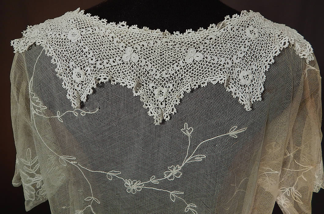 Vintage White Net Tambour Embroidery Lace Collar Rosette Trim Drop Waist Dress
This is truly a unique one of a kind custom made exquisite piece of wearable lace art!