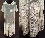 Vintage White Net Tambour Embroidery Lace Collar Rosette Trim Drop Waist Dress
