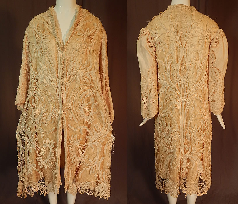Edwardian Antique Cream Silk Lined Battenburg Tape Lace Long Coat Jacket
This exquisite antique Edwardian era cream silk lined battenburg tape lace long coat jacket dates from 1910.