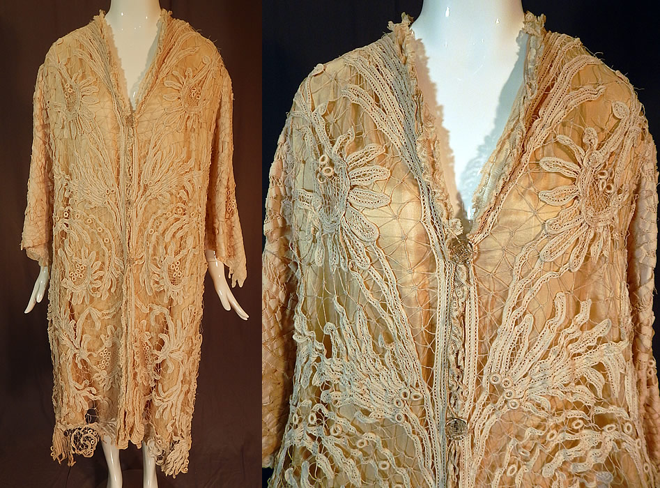 Edwardian Antique Cream Silk Lined Battenburg Tape Lace Long Coat Jacket
It is made of an off white cream color sheer battenburg tape lace with connecting thread picot ornamented bars, buttonhole stitches, decorative spiral, floral, leaf, scroll work designs, linen fabric circular appliqué inserts on the sleeves and lace ruffle trim edging the front neckline opening. 