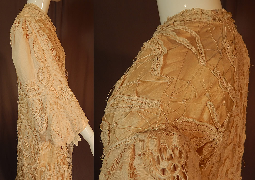 Edwardian Antique Cream Silk Lined Battenburg Tape Lace Long Coat Jacket
The coat measures 45 inches long, with a 42 inch bust, 42 inch waist, 42 inch hips, 21 inch long sleeves and a 15 inch back. 