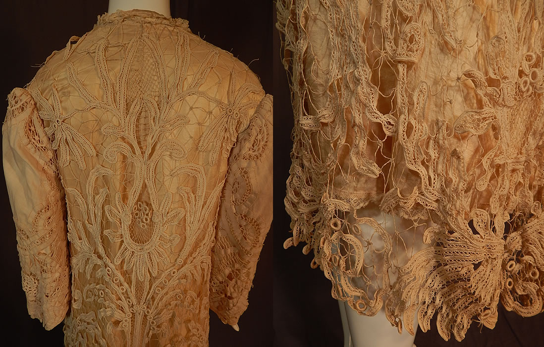 Edwardian Antique Cream Silk Lined Battenburg Tape Lace Long Coat Jacket
This is truly an exceptional, quality made piece of wearable antique lace art!