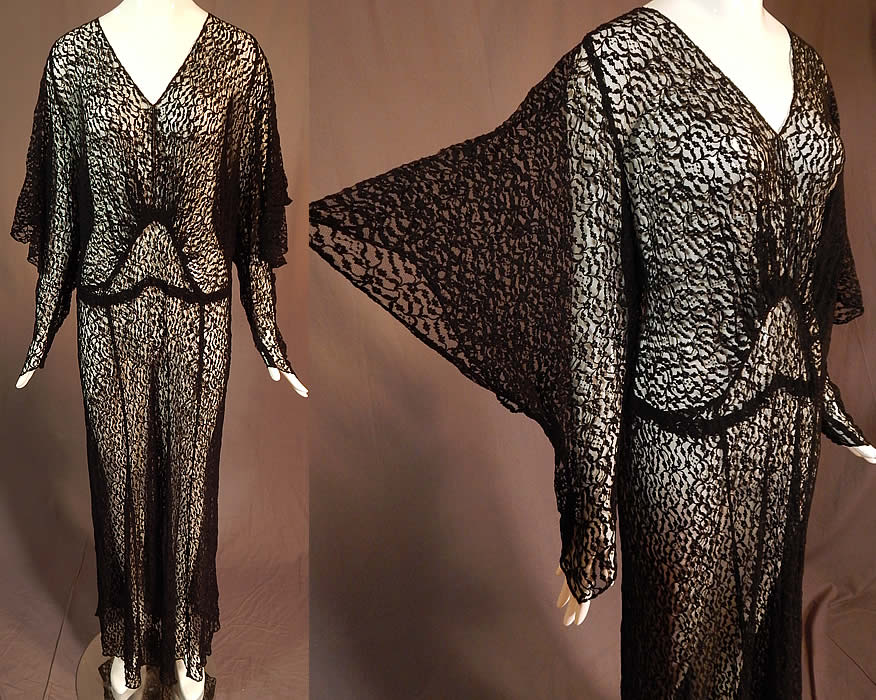 Vintage Art Deco Sheer Black Lace Batwing Bias Cut Evening Gown Gothic Dress
This vintage Art Deco sheer black lace batwing bias cut evening gown Gothic dress dates from the 1930s. It is made of a sheer black net lace fabric, with a floral vine leaf pattern design.