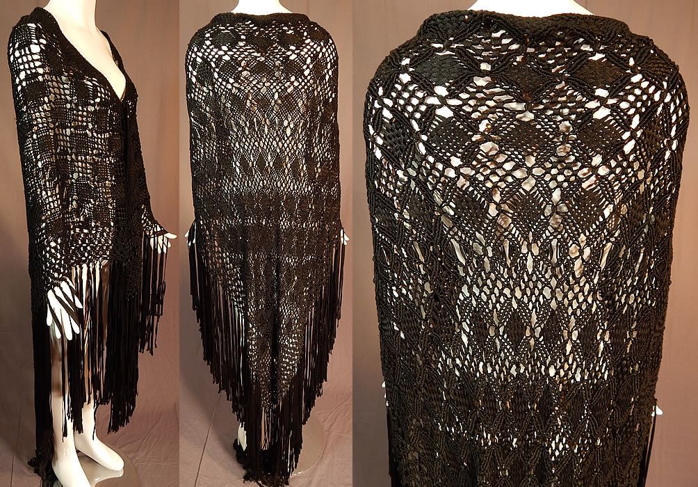Vintage Black Gothic Silk Ribbon Macrame Crochet Hand Knot Fringe Boho Shawl
This fabulous flapper shawl stole scarf wrap has a large triangle shape, with hand knotted black silk fringe along the bottom and is sheer, unlined.