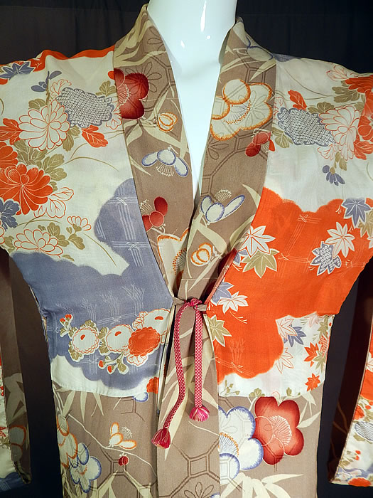 Vintage Japanese Silk Screen Plum Blossom Reversible Haori Kimono Robe Jacket
