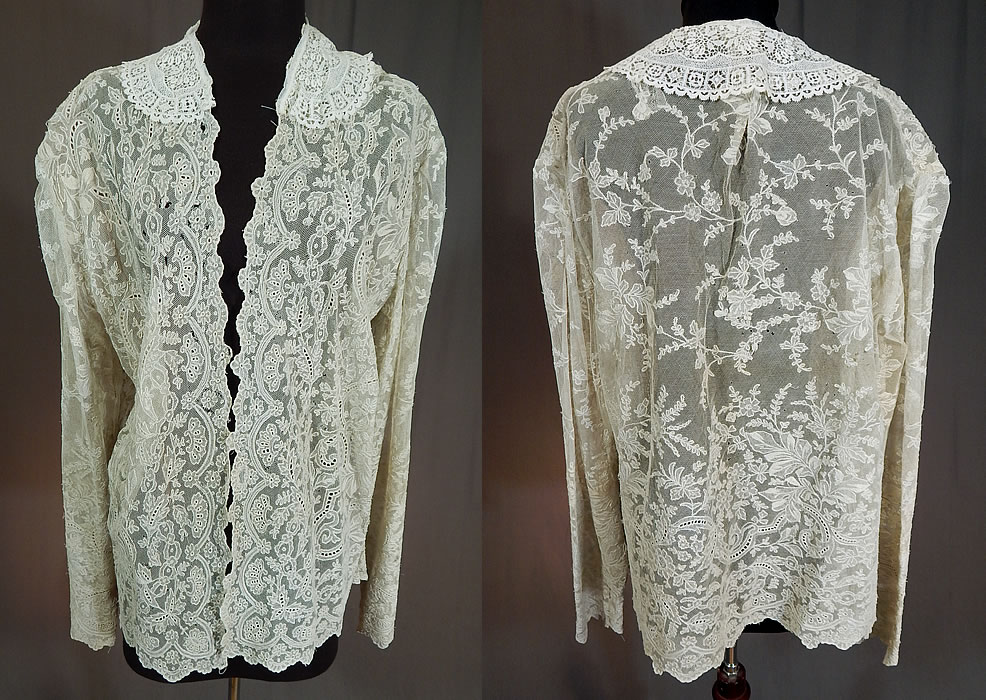 Vintage Antique White Net Cutwork Tambour Embroidery Lace Collar Coat Jacket
This vintage antique white net cutwork tambour embroidery lace collar coat jacket dates from the 1920s. It is made of an antique white sheer net lace fabric fine tambour stitch embroidery work done in a floral vine leaf pattern design and a white lace collar trim