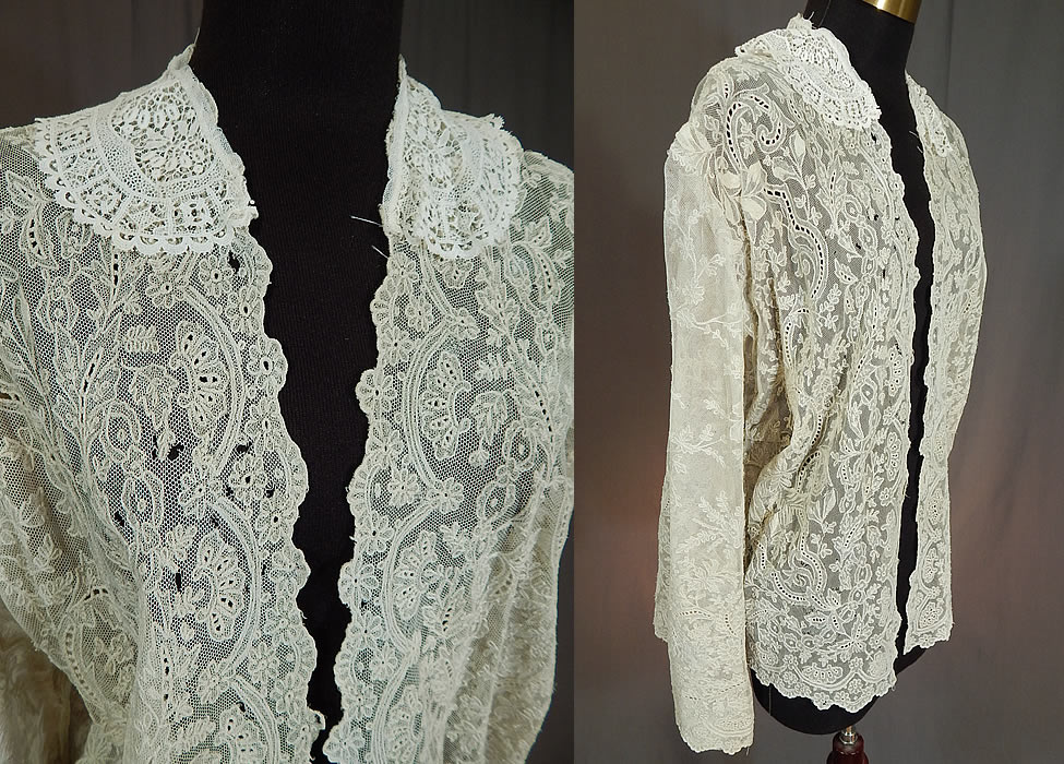 Vintage Antique White Net Cutwork Tambour Embroidery Lace Collar Coat Jacket
This lovely lace coat jacket is loose fitting, with scalloped edging, an open front with no closure, a lace trimmed Peter Pan style collar, long full sleeves and is sheer, unlined. 