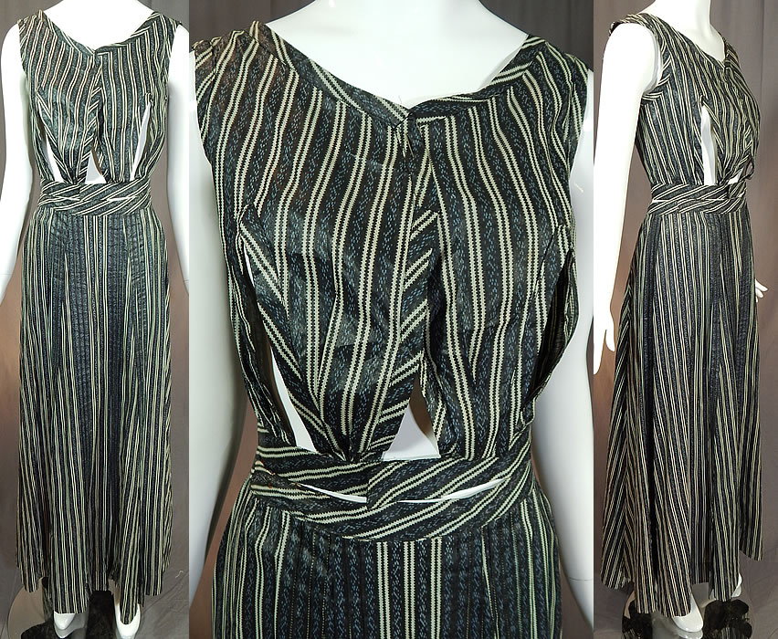 Victorian Blue & Black Striped Print Cotton Chintz Calico Dress Blouse Skirt
This antique Victorian era blue and black striped print cotton chintz calico dress blouse, skirt set dates from 1900. It is made of a blue and black cotton chintz glazed calico fabric, with a striped print pattern.
