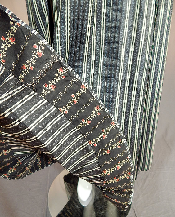 Victorian Blue & Black Striped Print Cotton Chintz Calico Dress Blouse Skirt
There is a matching long floor length full skirt, with pleating, hook closures on the back and is unlined, with a black, red roses print calico cotton trim under the hemline. The skirt measures 40 inches long, with a 26 inch waist. It is in good condition, appearing to have never been worn, with only a few tiny pin holes on the skirt. This is truly a wonderful piece of antique Victoriana calico textile art! 