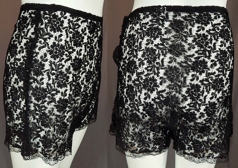 Vintage Eve's Leaves by Chevette Lingerie Black Lace Silk Fig Leaf Applique Tap Panties
This vintage Eve's Leaves by Chevette lingerie black lace fig leaf appliqué tap panties date from the 1940s. It is made of a black sheer cobweb net lace fabric, with a floral pattern design and black silk fig leaf appliqué with veined stitching details. This rare, risqué novelty lingerie tap pants panties, bloomers have sheer lace scalloped trim edging along the full pant legs, with a fig leaf appliqué embroidered on the side leg, button closures along the side and is sheer, unlined. 