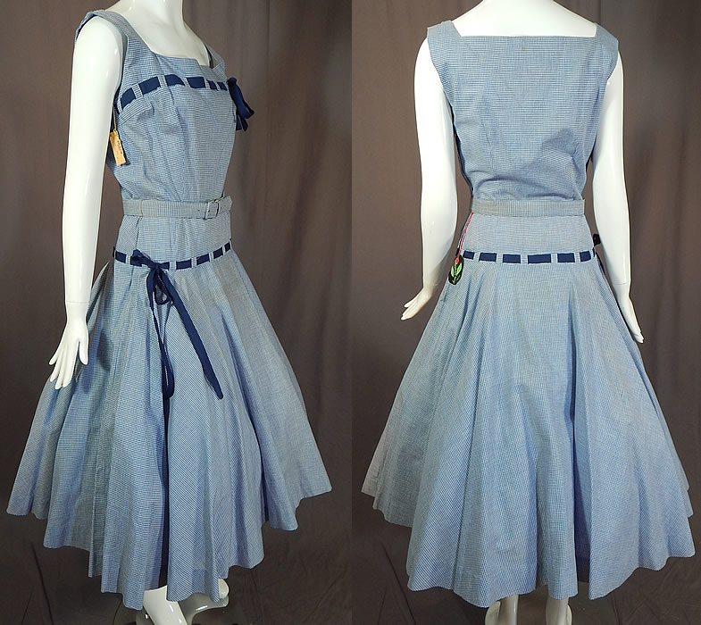 Vintage Henry Rosenfeld Blue White Cotton Check Gingham Belted Circle Skirt Dress NWT
This beautiful blue sun dress has a fit and flare style, with a full circle skirt, fitted drop waist, matching fabric buckle belt, sleeveless, squared neckline, side zipper closure and is unlined.