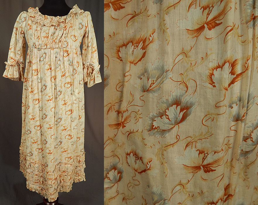 Victorian Girls Art Nouveau Floral Print Cotton Empire Waist Regency Style Dress
It is made of an off white cream color cotton fabric, with a yellow, brown and blue print Art Nouveau style flower design. 