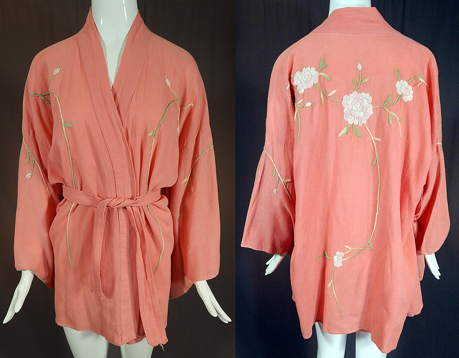 Vintage Japanese Pink Peony Floral Embroidered Muslin Belted Kimono Robe
This vintage Japanese pink peony floral embroidered muslin belted kimono robe dates from the 1920s. It is made of a pink cotton muslin fabric, with pink pastel ombre yarn raised padded satin stitch hand embroidered peony flower vine leaf designs. 