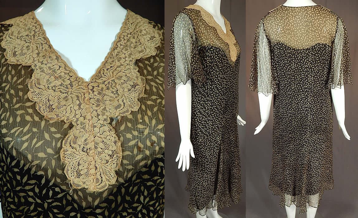 Vintage Black & Cream Leaf Print Silk Chiffon Lace Collar Drop Waist Dress
This fabulous fall leaf flapper dress is loose fitting, with a drop waist, lace collar V front neckline, short flared capelet sleeves and is fully lined with a built in black silk slip lining sewn inside.