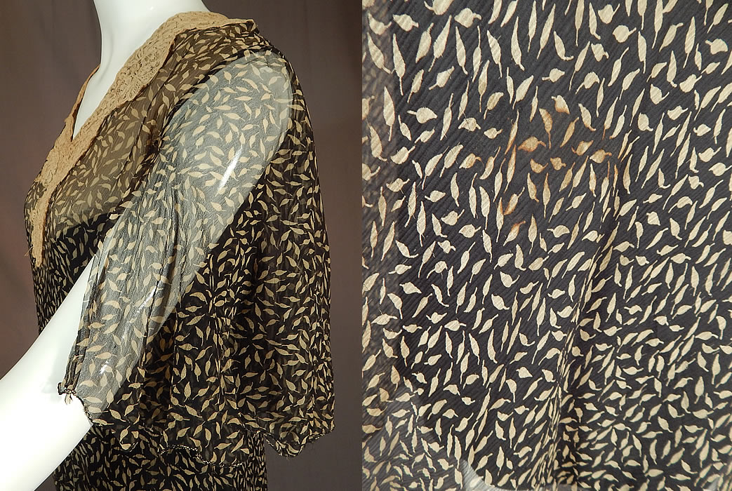 Vintage Black & Cream Leaf Print Silk Chiffon Lace Collar Drop Waist DressIt is in good condition, has not been cleaned, with only two tiny faint age spot stains on the front top and small stain on the back skirt (see close-ups). This is truly a wonderful piece of wearable art!