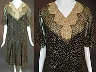 Vintage Black & Cream Leaf Print Silk Chiffon Lace Collar Drop Waist Dress

