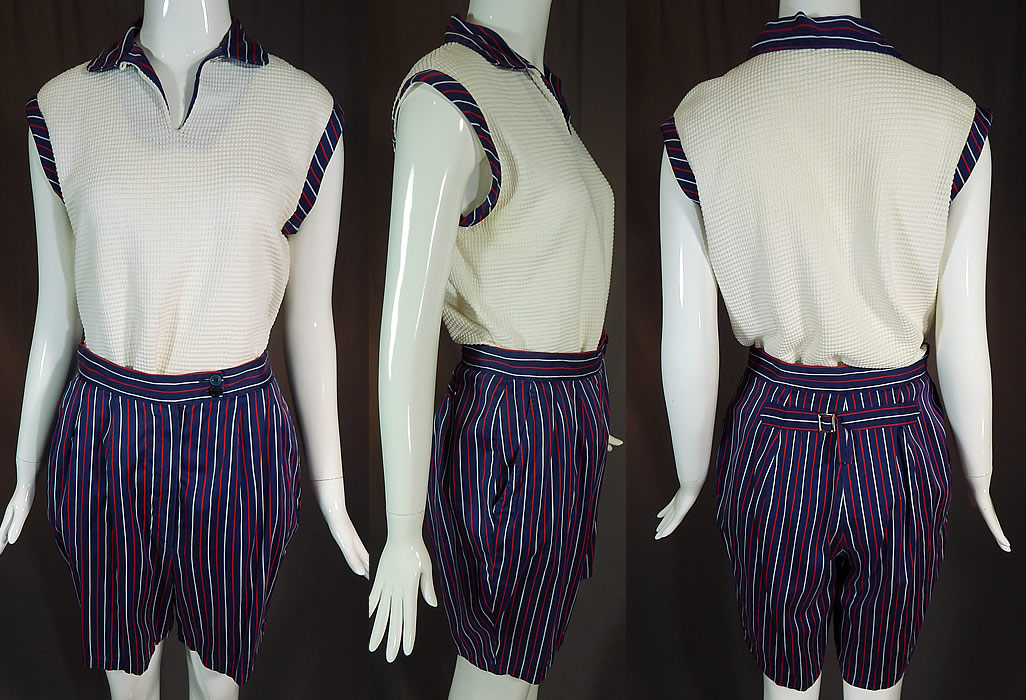 Vintage Jantzen Womens Sportswear Red White Blue Golf Outfit Shirt Shorts
This vintage Jantzen womens sportswear red, white and blue golf outfit shirt, shorts dates from the 1950s. It is made of a white waffle ribbed textured cotton fabric top and red, white and blue striped shorts, with matching fabric trim edging on collar, armholes.