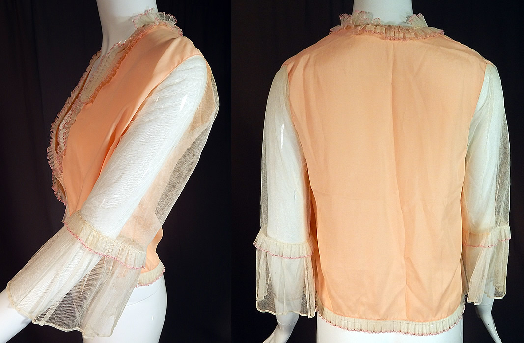 Vintage Pink Silk White Ruffle Rosette Trim Lingerie Boudoir Bed Jacket
The top measure 18 inches long in the front, 20 inches long in the back, with a 38 inch bust and 13 inch back. It is in excellent condition. This is truly a wonderful piece of lingerie wearable art!