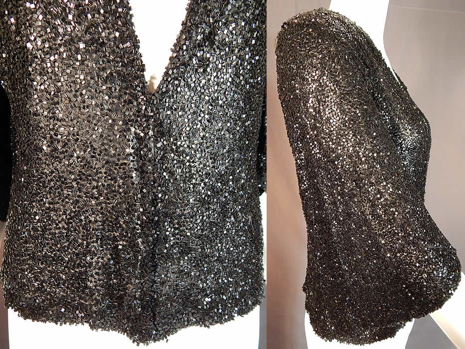 Vintage Art Deco Fully Black Beaded Flapper Evening Coat Crop Bolero Jacket
It is made of a black silk chiffon backed lining fabric completely covered with tiny square shaped black dense beadwork.