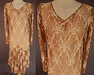 Vintage Ecru Beige Tulle Net Tambour Embroidery Lace Drop Waist Dress
