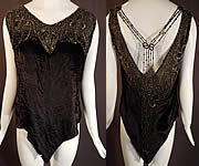 Vintage Art Deco Black Velvet Silver Studded Beaded Fringe Flapper Blouse Top
