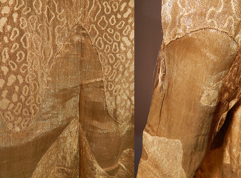 Vintage Art Deco Applique Pattern Gold  Lame Long Flapper Coat Jacket
It is in good as-is condition, with some fraying along the gold lam&eacute; trim edging the neck, front opening and a small fray on each sleeve (see close-ups). This is truly a rare and amazing piece of wearable Art Deco textile art! 