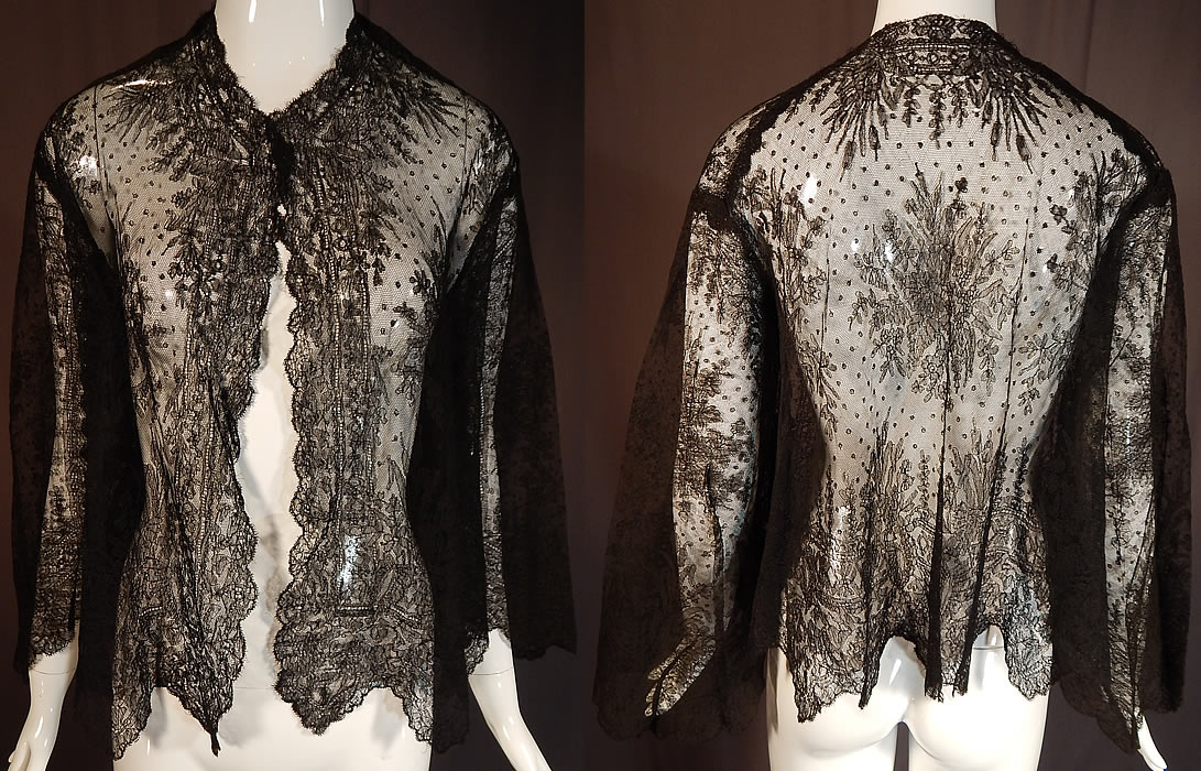 Victorian Antique Black Chantilly Lace Shawl Wide Pagoda Sleeve Jacket
This antique Victorian Civil War era black Chantilly lace shawl wide pagoda sleeve jacket dates from the 1860s. 