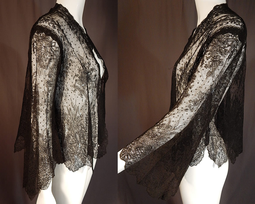 Victorian Antique Black Chantilly Lace Shawl Wide Pagoda Sleeve Jacket
This lovely lace has a lush floral foliage design throughout. 