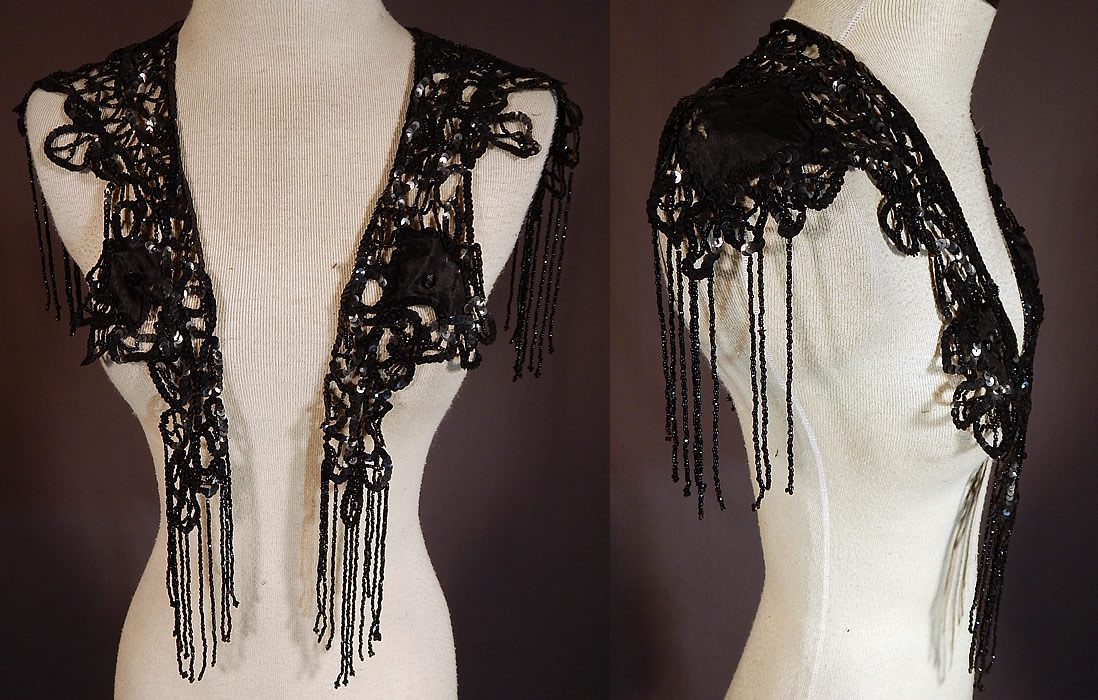 Victorian Black Silk Sequin Jet Beaded Fringe Shawl Collar Dress Trim
This antique Victorian era black silk sequin jet beaded fringe shawl collar dress trim dates from 1900. It is made of black sequins and jet beading woven into a decorative lattice work design, with black silk appliqué inserts and beaded fringe hanging down from the bottom. 