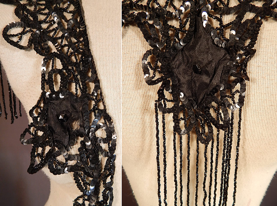 Victorian Black Silk Sequin Jet Beaded Fringe Shawl Collar Dress Trim
It is in good as-is condition, with a few loose missing beads and frayed small holes on the silk inserts. 