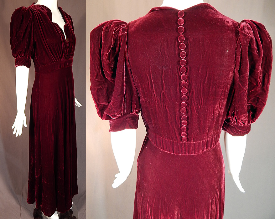 Vintage Burgundy Red Velvet Button Back Sweetheart Neck Evening Gown Dress
The dress measures 56 inches long, with a 38 inch bust, 26 inch waist, 60 inch hips and a 13 inch back. It is in good condition, with only a tiny pin hole on the front skirt. This is truly a luxurious piece of custom made velvet wearable textile art! 