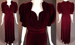 Vintage Burgundy Red Velvet Button Back Sweetheart Neck Evening Gown Dress
