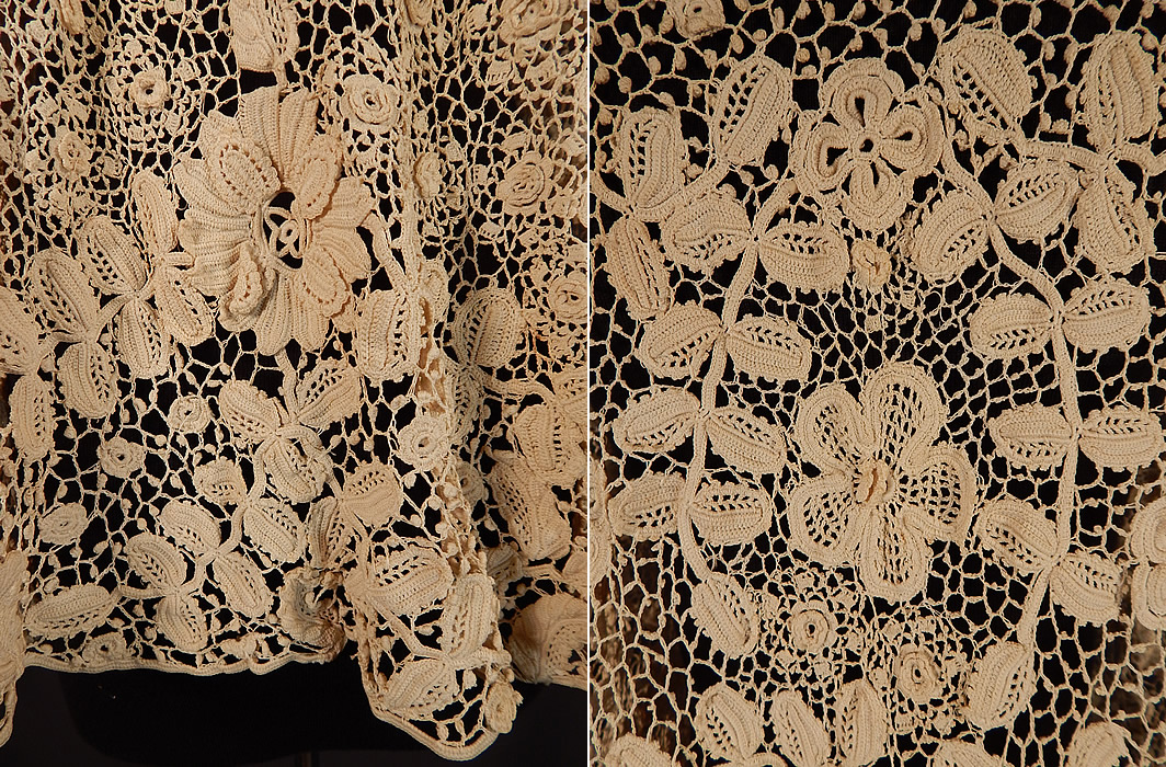 Edwardian Antique White Irish Crochet Lace Long Sleeveless Vest Jacket
This lovely lace loose fitting sleeveless vest style jacket is a long mid hip length, with an open front, no closure and is sheer, unlined. 