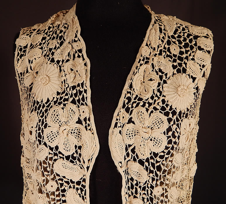 Edwardian Antique White Irish Crochet Lace Long Sleeveless Vest Jacket
The top measures 26 inches long, with a 38 inch bust, 36 inch waist and 36 inch hips. 