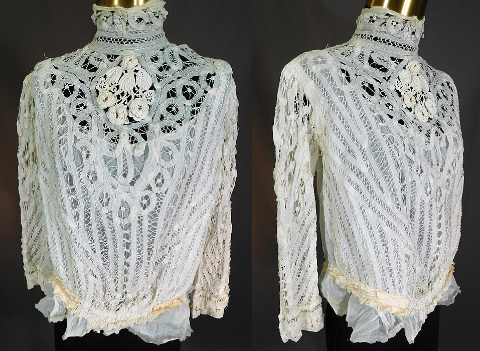 Victorian White Battenburg Tape Lace Crochet Trim Bodice Blouse Top
This lovely lace bodice blouse has a high neck collar, long sleeves, a cotton peplum skirted waist, hook closures down the back and a white cotton batiste camisole lining sewn inside.