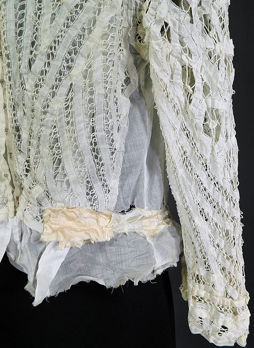 Victorian White Battenburg Tape Lace Crochet Trim Bodice Blouse Top
It is in good as-is condition, with a few small breaks in the lace, frayed cream silk fabric remnants around the waist, cotton side panels under the arms with no lace covering and a small frayed hole on the bottom of each side (see close-ups). This is truly a wonderful piece of wearable antique lace art! 